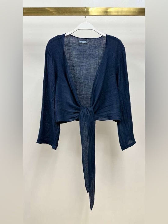 Milio Milano Tops - (113108-NAVY) LINEN LONG SLEEVE TIE TOP